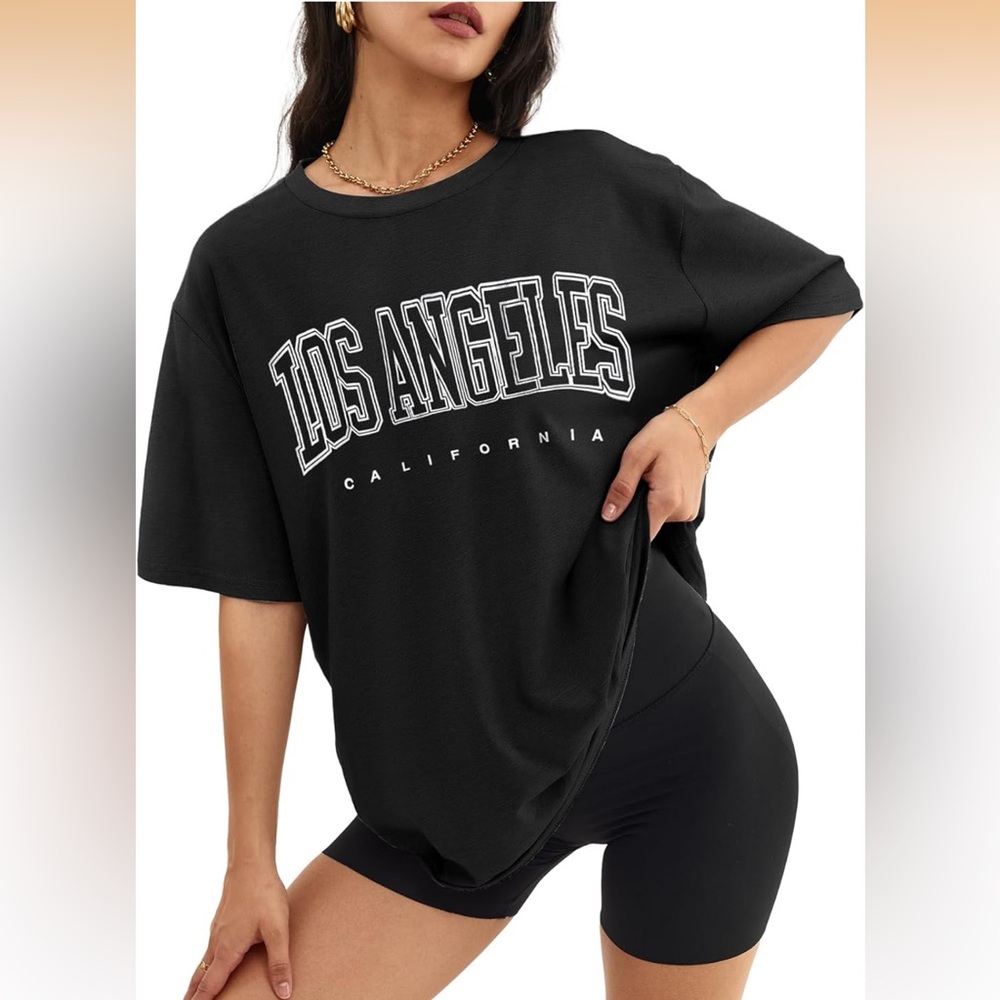 Women’s Black Oversized Graphic T-Shirt Loose Fit Top Basic Tee Size L